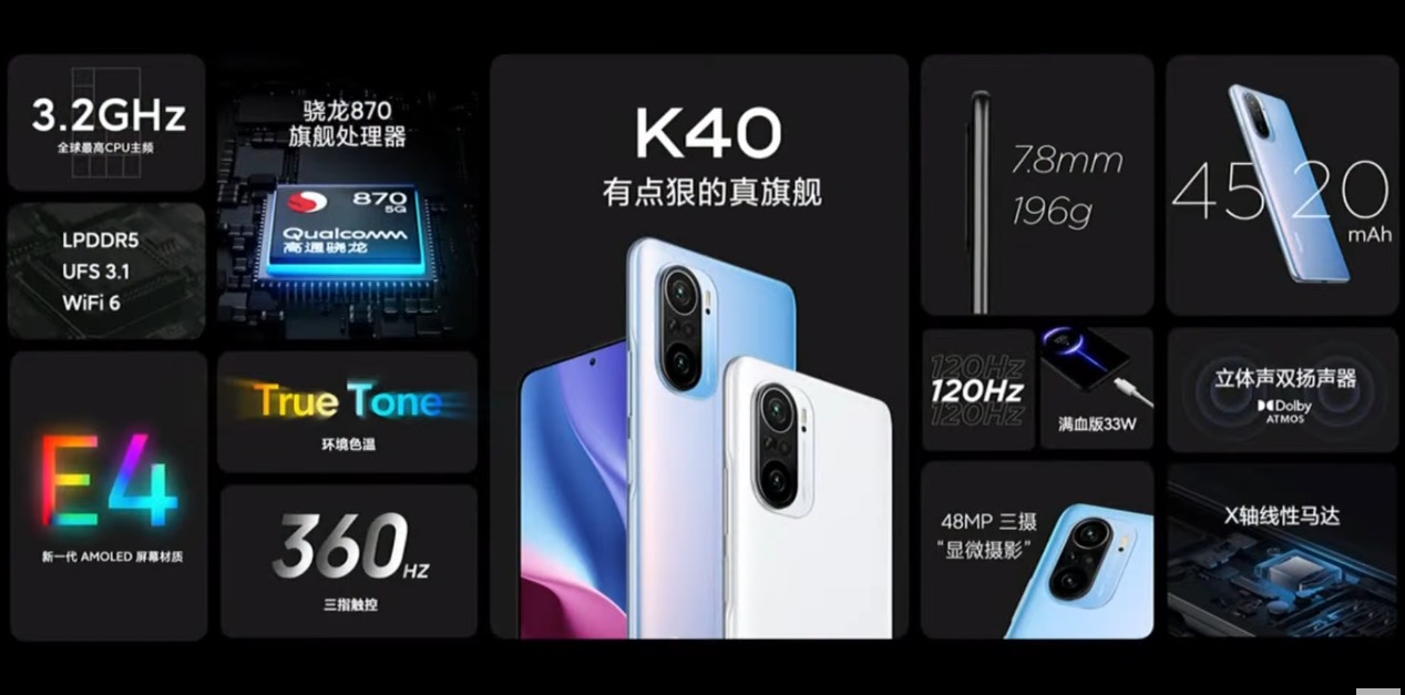 Xiaomi Redmi K40発表、SD870、メモリ6GB、SSD128GB、120Hz有機EL、32800円